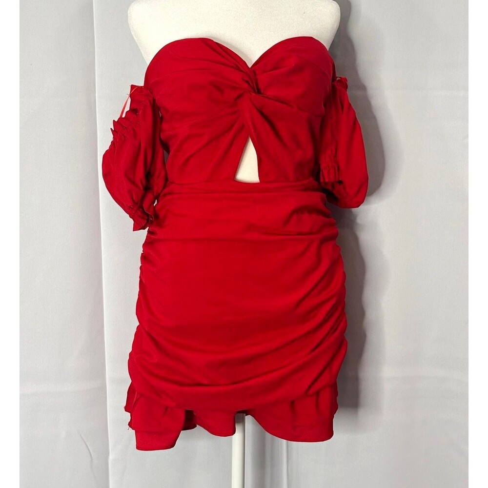 MABLE Women’s Red Mini Dress Size M NWT Off Shoulder Cutout Ruched Party
